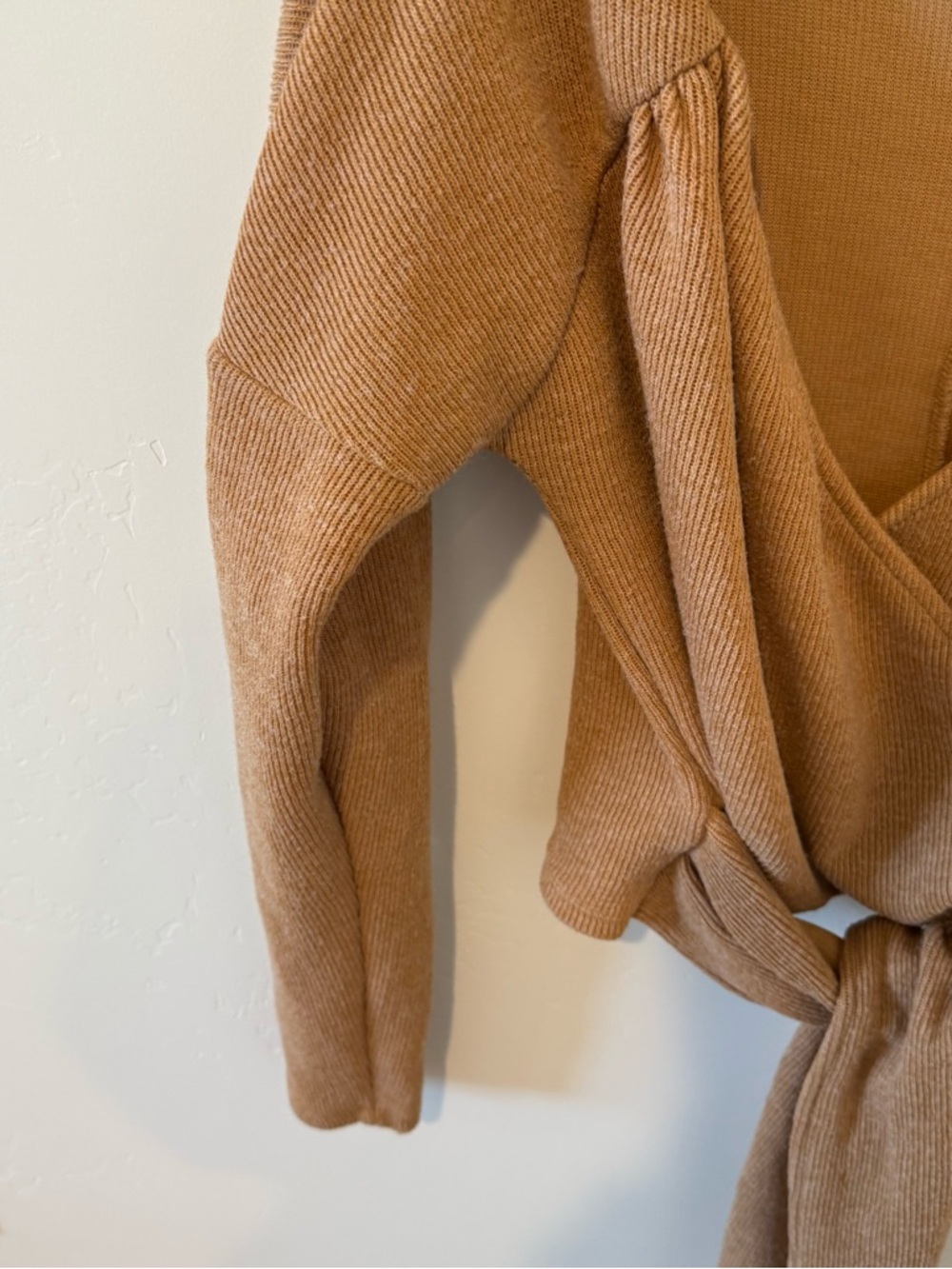 Anthropologie Wrap Front Knit Tie Waist Sweater Camel Womens Small Cozy ribbed - Picture 4 of 10
